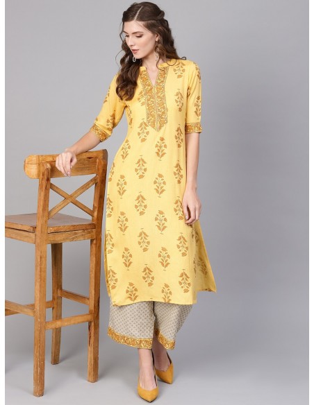 Women Yellow & Beige Printed Kurta with Palazzos - Libas